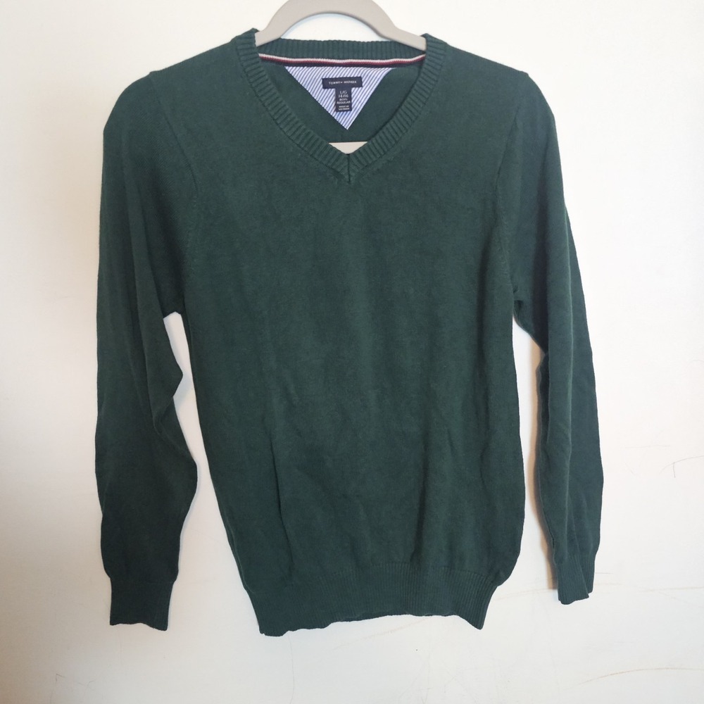 Tommy Hilfiger Sweater boys 10/12 Green VNeck Tennis Pullover Preppy Academia